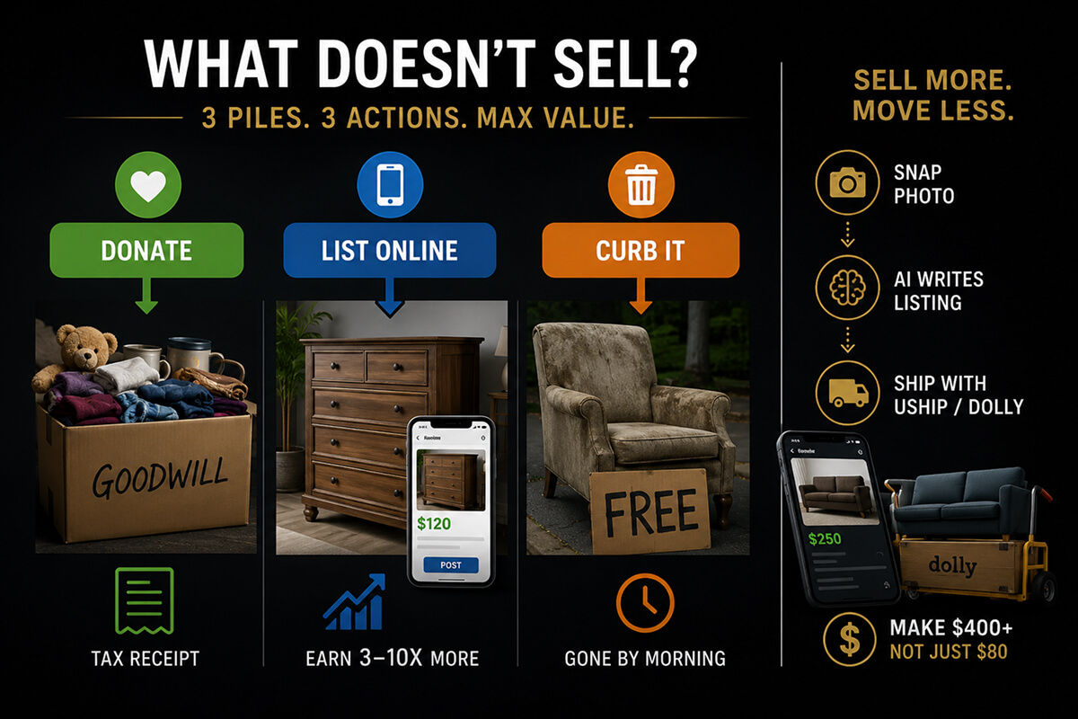 Dark infographic for unsold garage sale cleanup options.