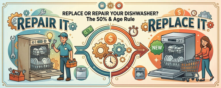Dishwasher repair vs replacement infographic.