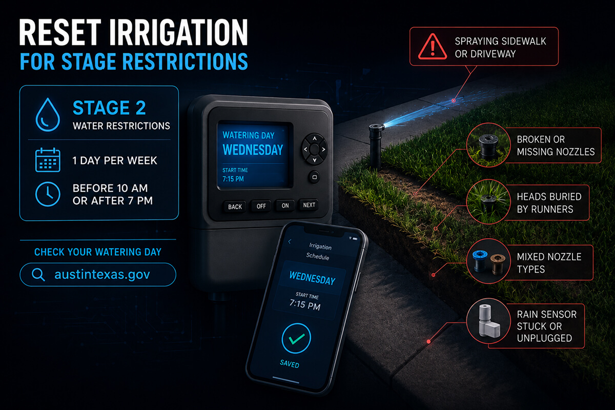 Smart irrigation infographic with water restriction alerts.