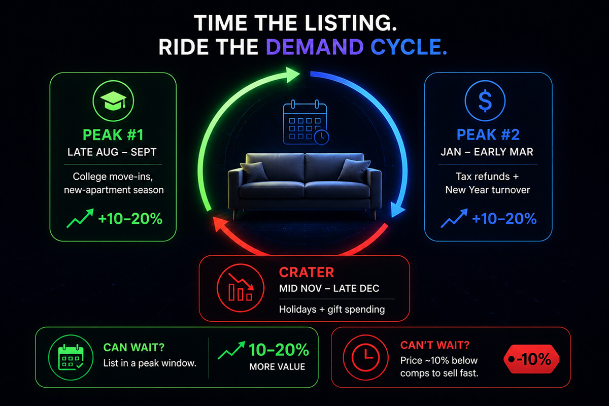 AI infographic showing best and worst times to sell a couch.