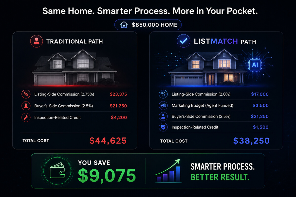 AI real estate savings infographic with $9K lower commission cost.
