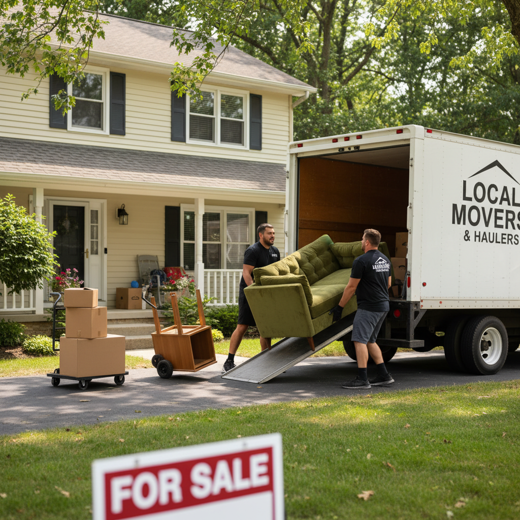 Movers loading a large sofa into a delivery truck outside a suburban home