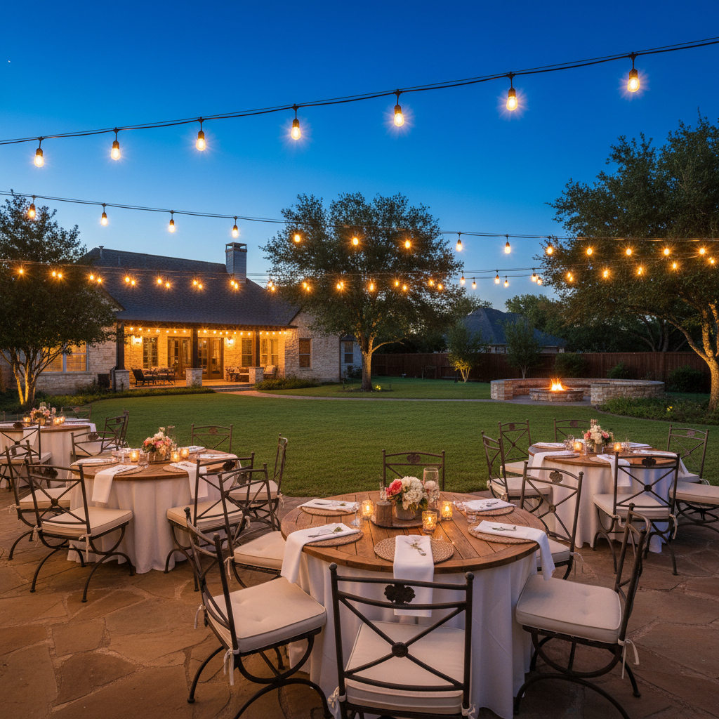 Backyard set up for an outdoor evening event with string lights and table seating