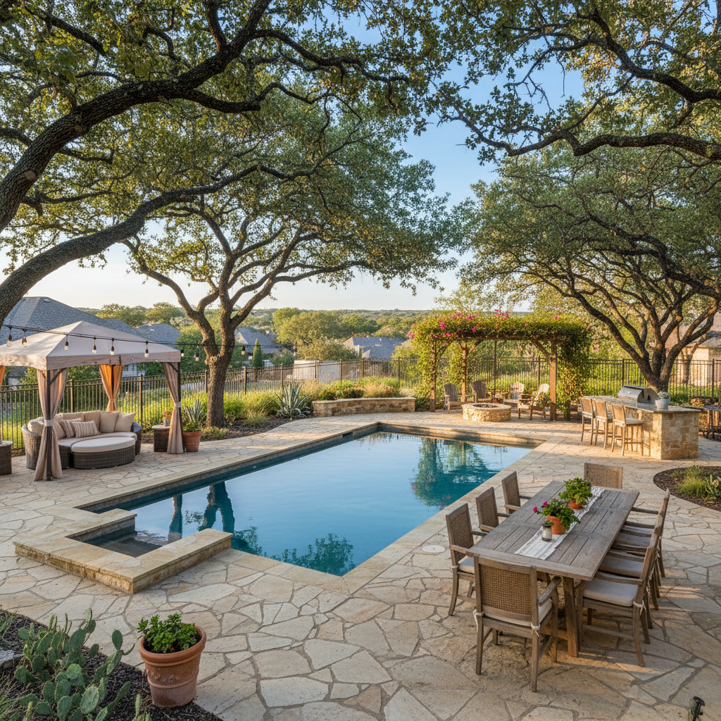 Texas backyard with pool and patio set up for hosting guests