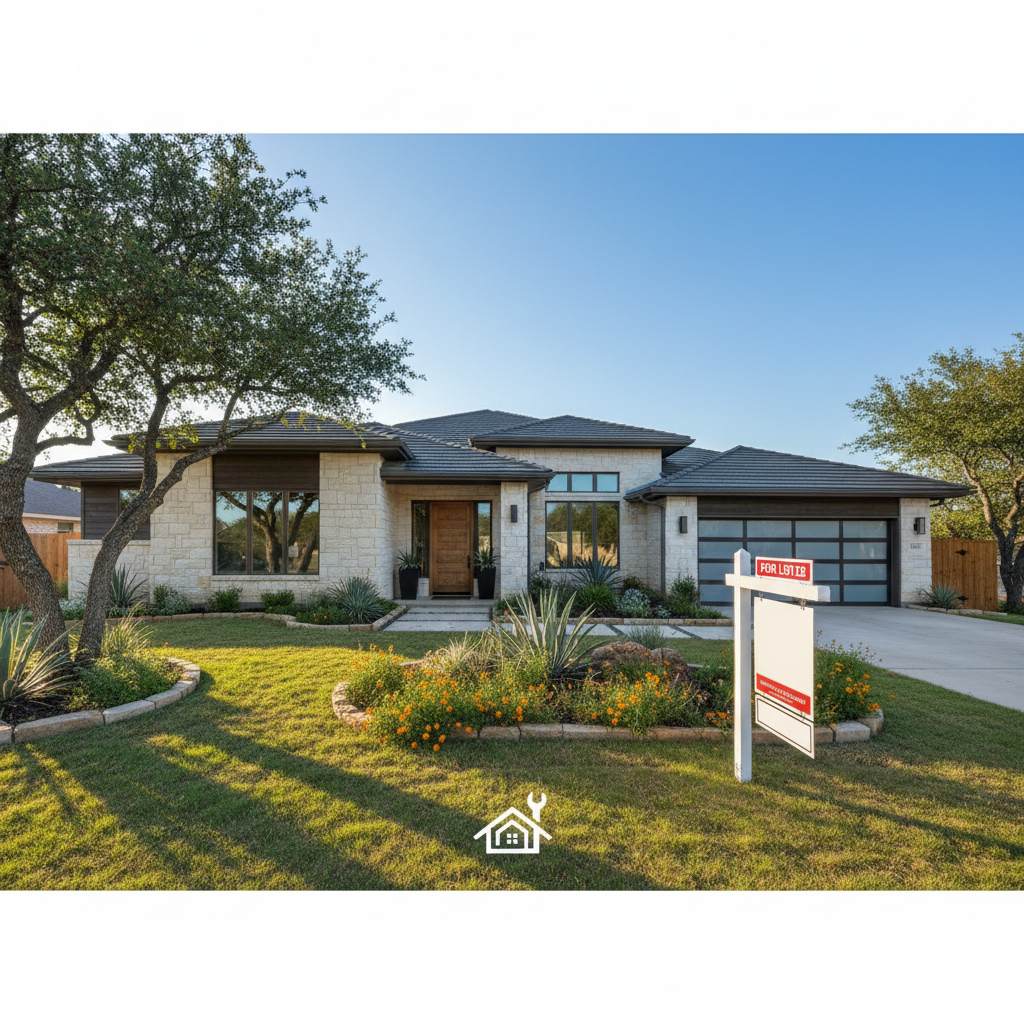 Modern Texas home with for-sale sign and manicured curb appeal