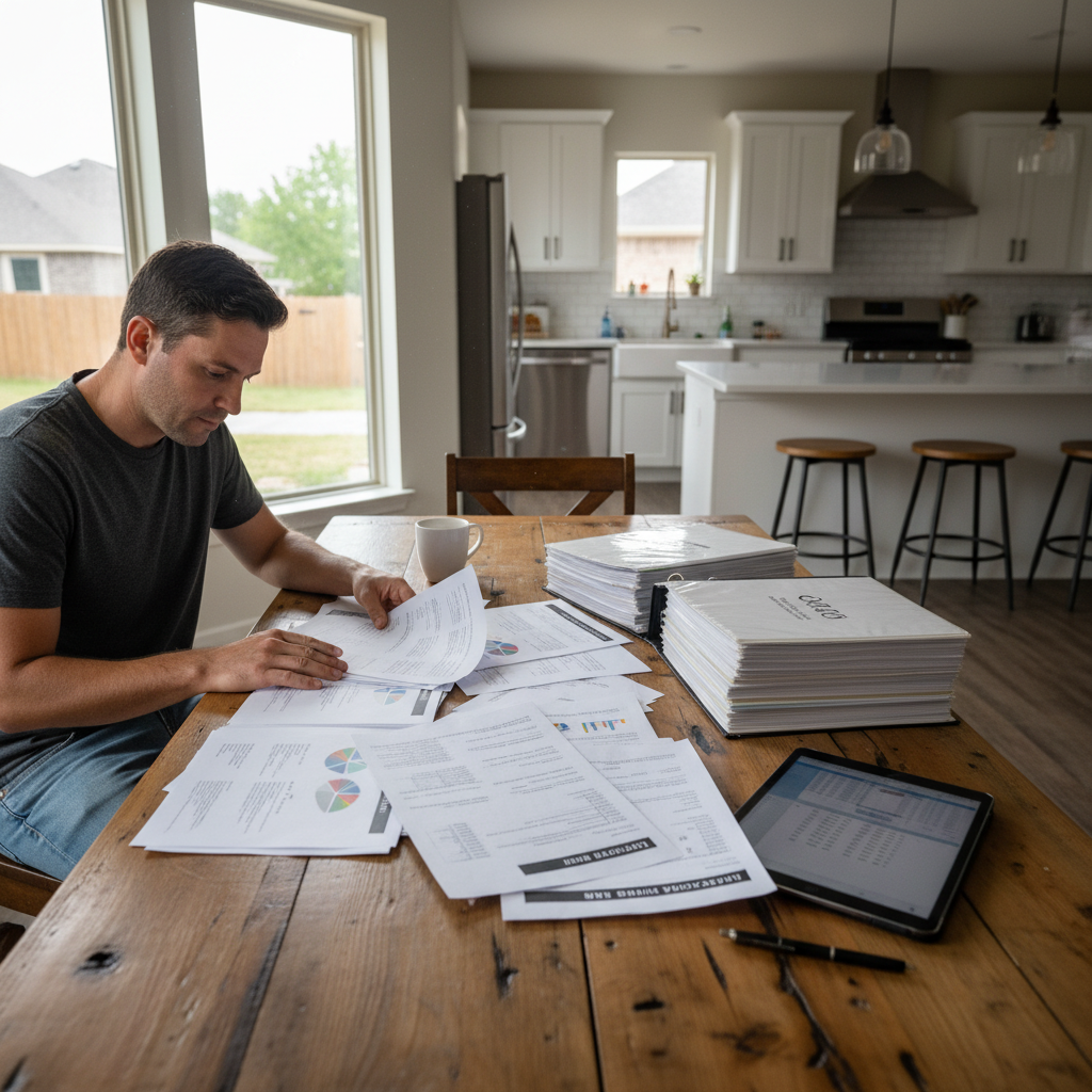 Home seller reviewing listing agent proposal at kitchen table