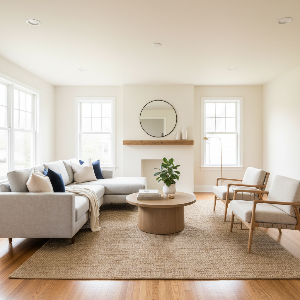 Bright, freshly painted living room staged for listing photos