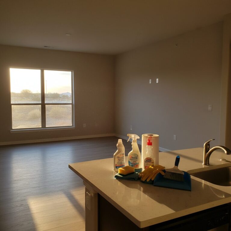 Empty Texas rental apartment with cleaning supplies on counter ready for move-out clean