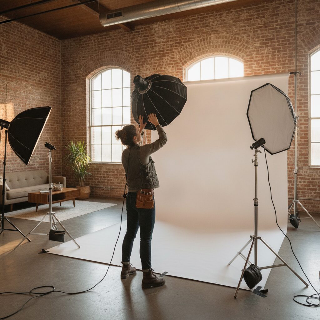 Photographer adjusting strobe lighting on a backdrop in a rental studio