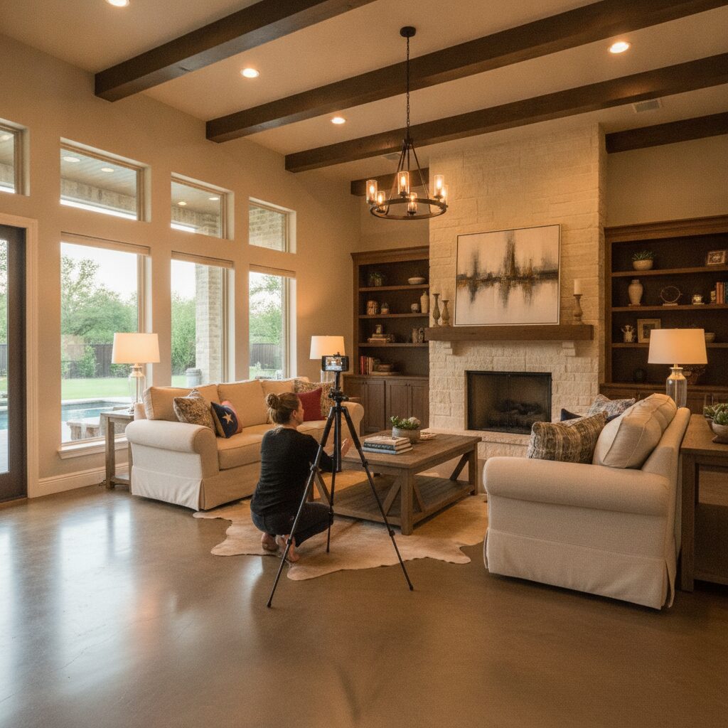 Homeowner using smartphone on tripod to photograph staged living room