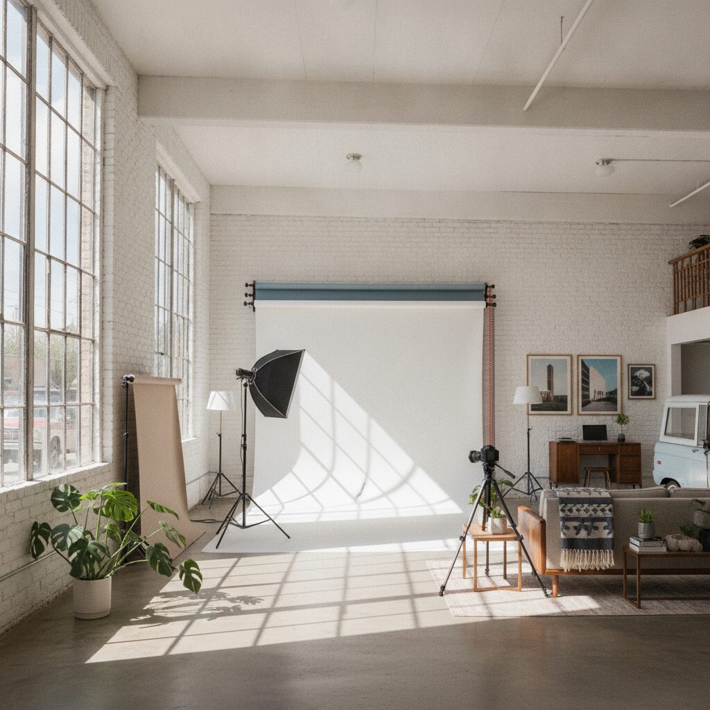 Sunlit photography studio loft with white walls and large windows in Austin
