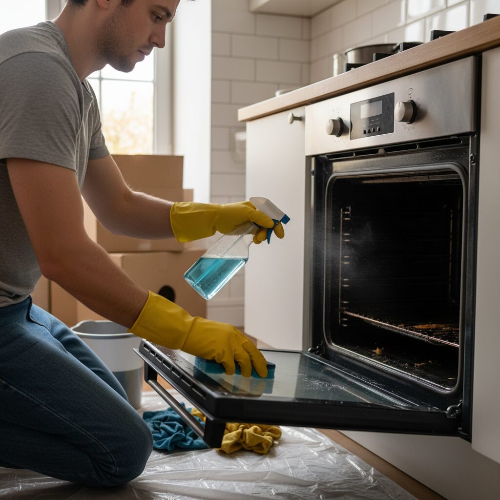 Close-up of person cleaning the interior of an oven during move-out