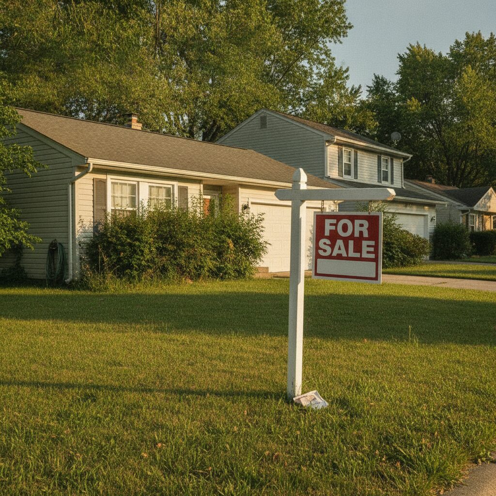 For sale sign in front of a suburban home representing the home seller experience