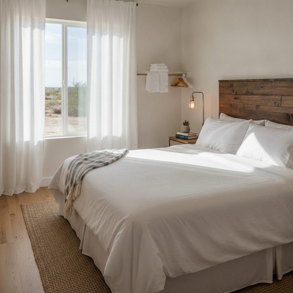 Freshly made bed with white linens in a clean short-term rental bedroom