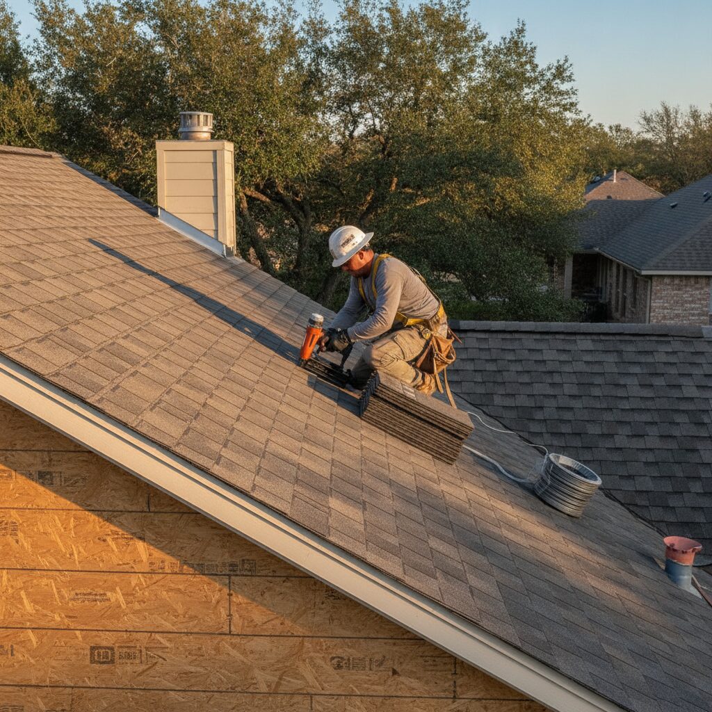 Roofing contractor nailing architectural shingles onto a residential roof