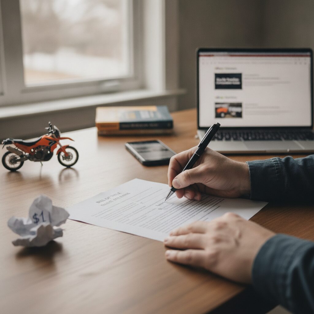 Hands signing a vehicle title and bill of sale at a kitchen table