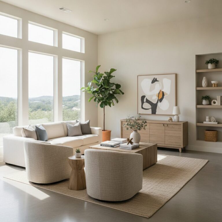 Professionally staged contemporary Austin living room with neutral furniture and natural light