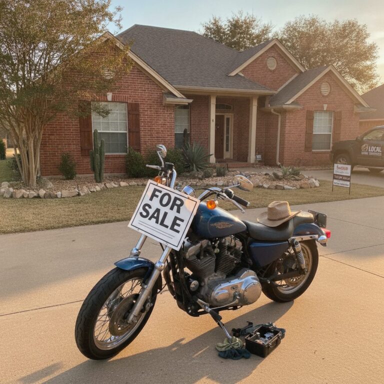 Used motorcycle parked in front of a Texas home, ready for private sale