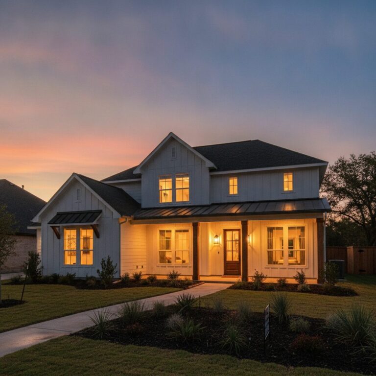Texas suburban home photographed at twilight with warm interior lights glowing