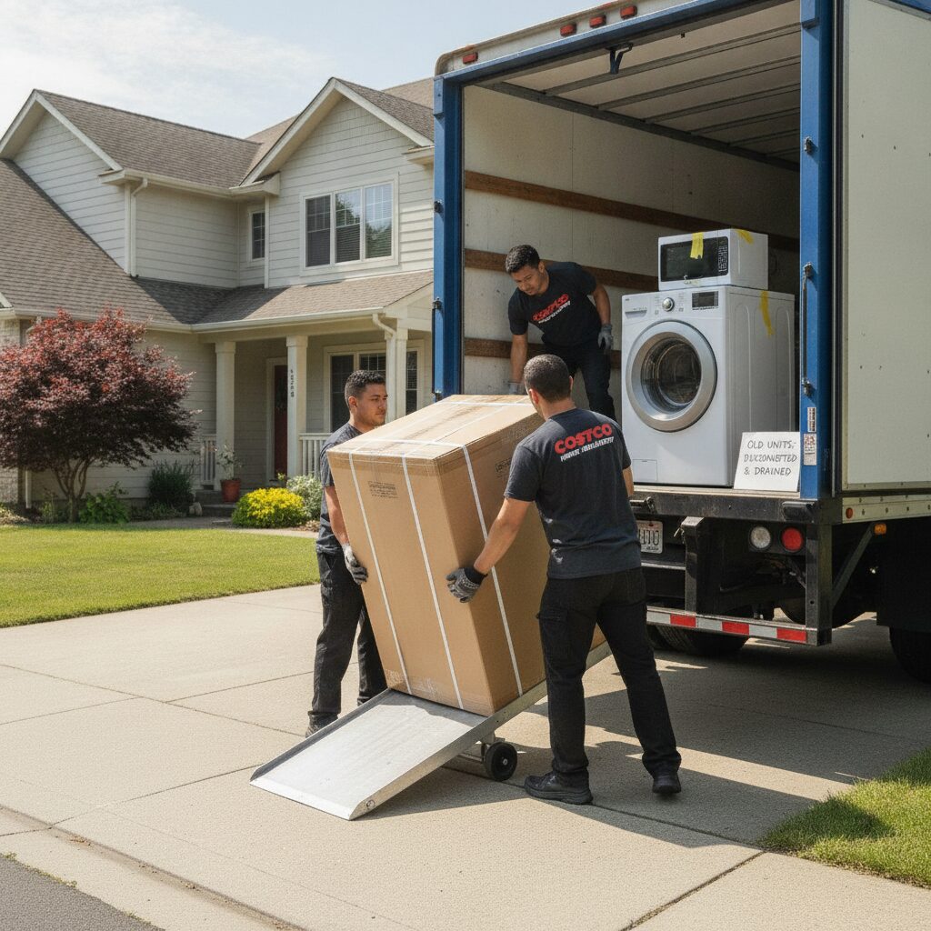 Delivery crew unloading new washer from truck for retailer haul-away swap