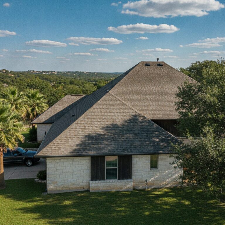 Asphalt shingle roof on a Central Texas suburban home under blue sky