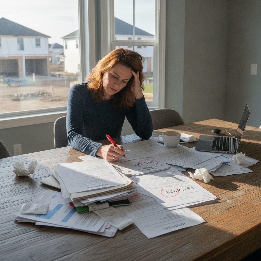 Homeowner reviewing selling costs and paperwork at kitchen table