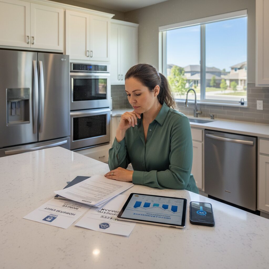 Homeowner reviewing warranty documents at kitchen counter with appliances in background