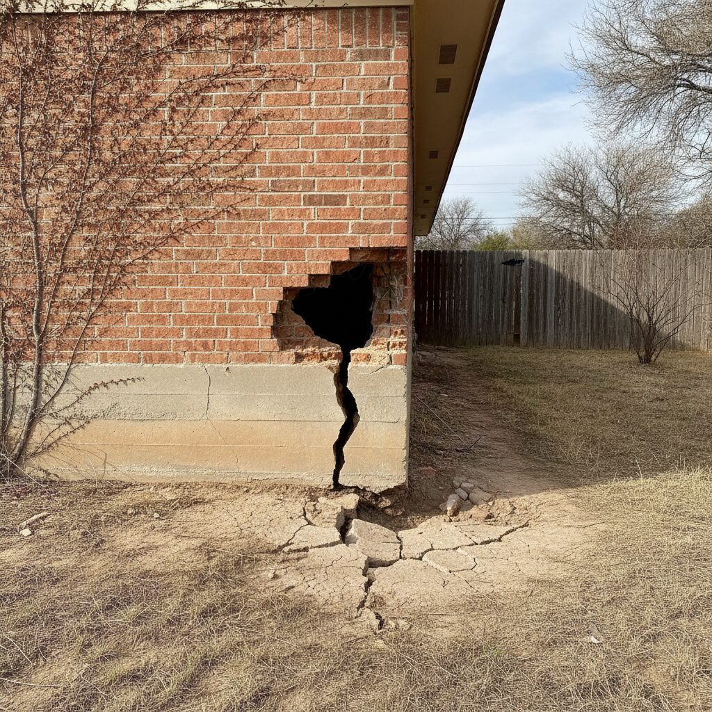 Cracked slab foundation on a Texas home with brick veneer separation