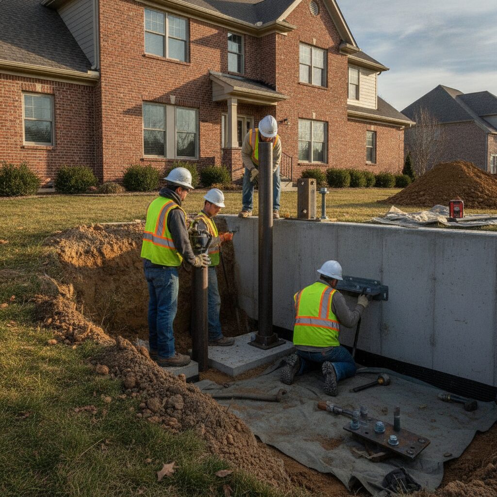 Crew installing steel push piers next to a residential foundation