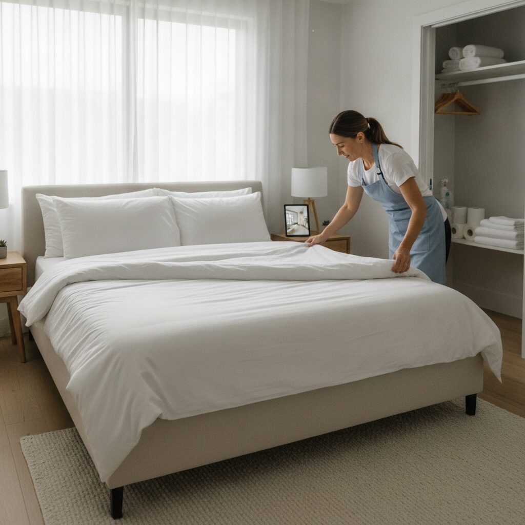 Professional cleaner making a bed with fresh white sheets during a rental turnover