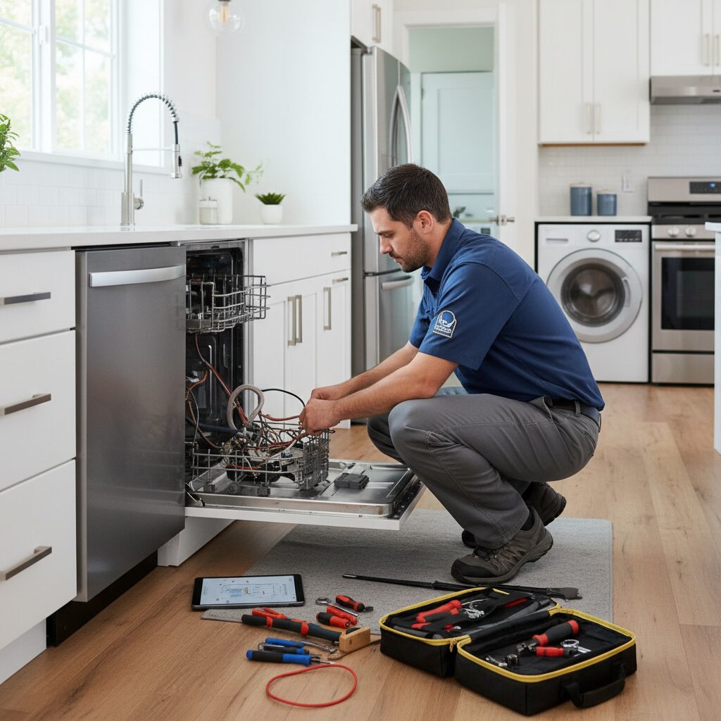 Service technician repairing a built-in dishwasher with tools