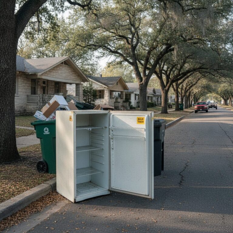 Old white refrigerator set out at curb for bulk pickup in a residential neighborhood