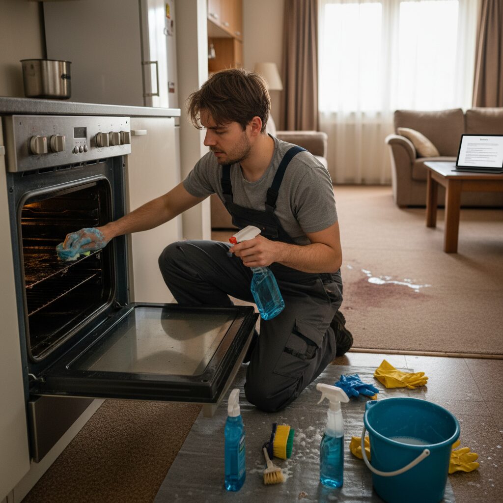 Person scrubbing the interior of an oven with cleaning supplies
