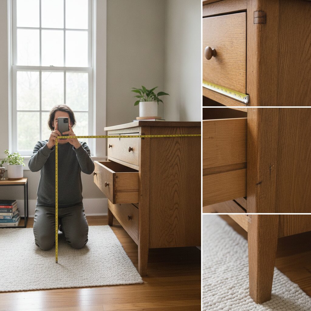 Person using a smartphone to photograph a wooden dresser near a large window