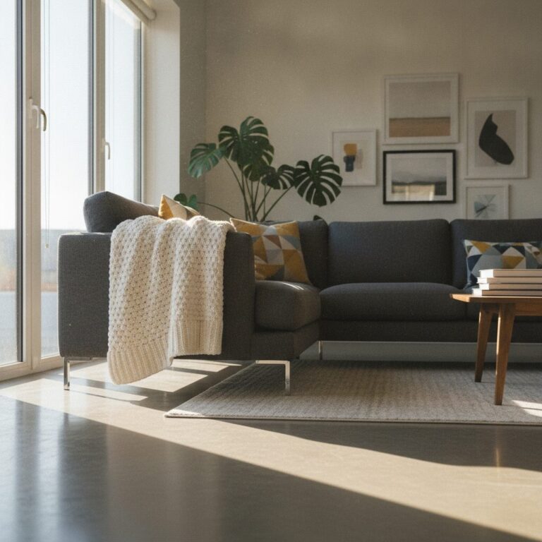 A modern gray sofa styled with a throw blanket in a sunlit living room, shot from a low angle