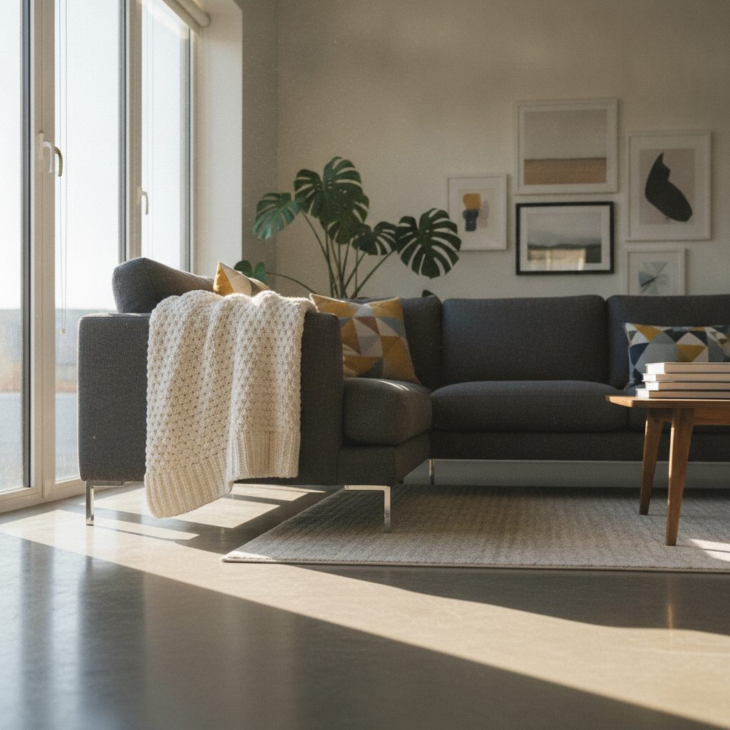 A modern gray sofa styled with a throw blanket in a sunlit living room, shot from a low angle