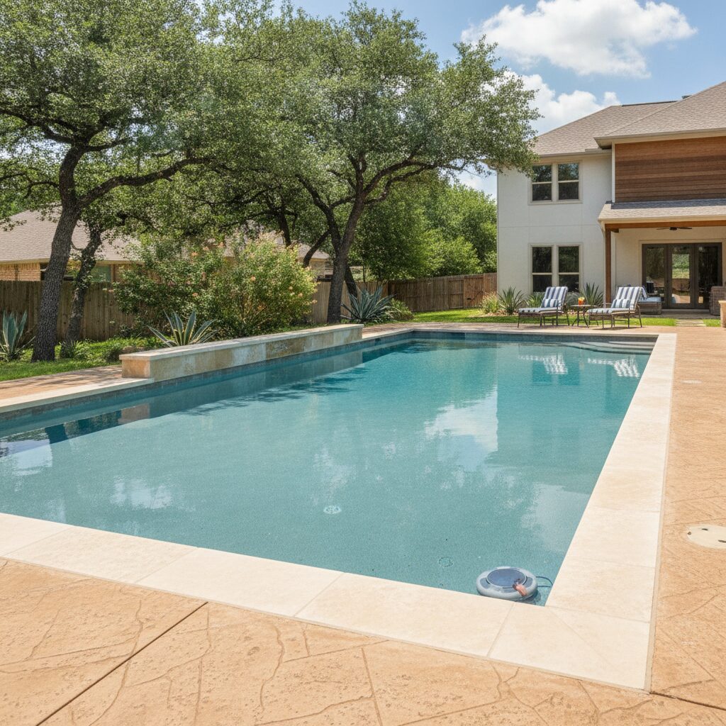 Clean residential backyard pool with limestone coping in Central Texas