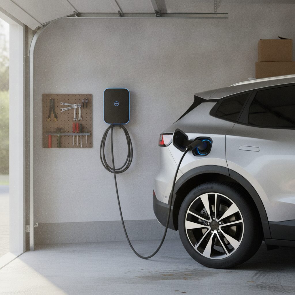 Level 2 EV charger installed on a garage wall next to an electric vehicle