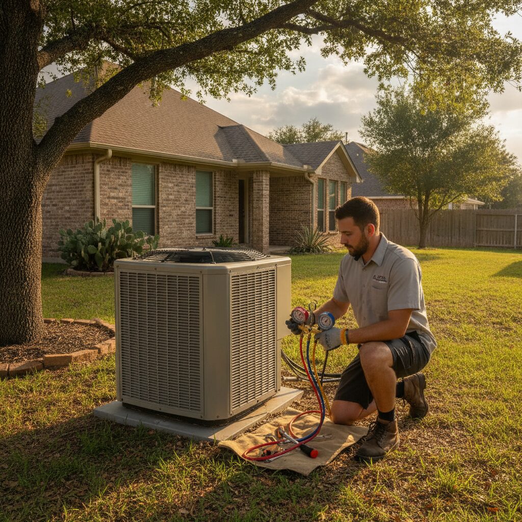 HVAC technician using gauges to inspect an outdoor AC condenser unit in Texas