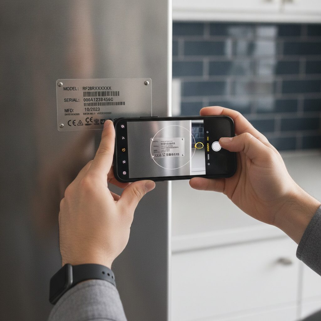 Close-up of a person photographing an appliance serial number tag with a smartphone