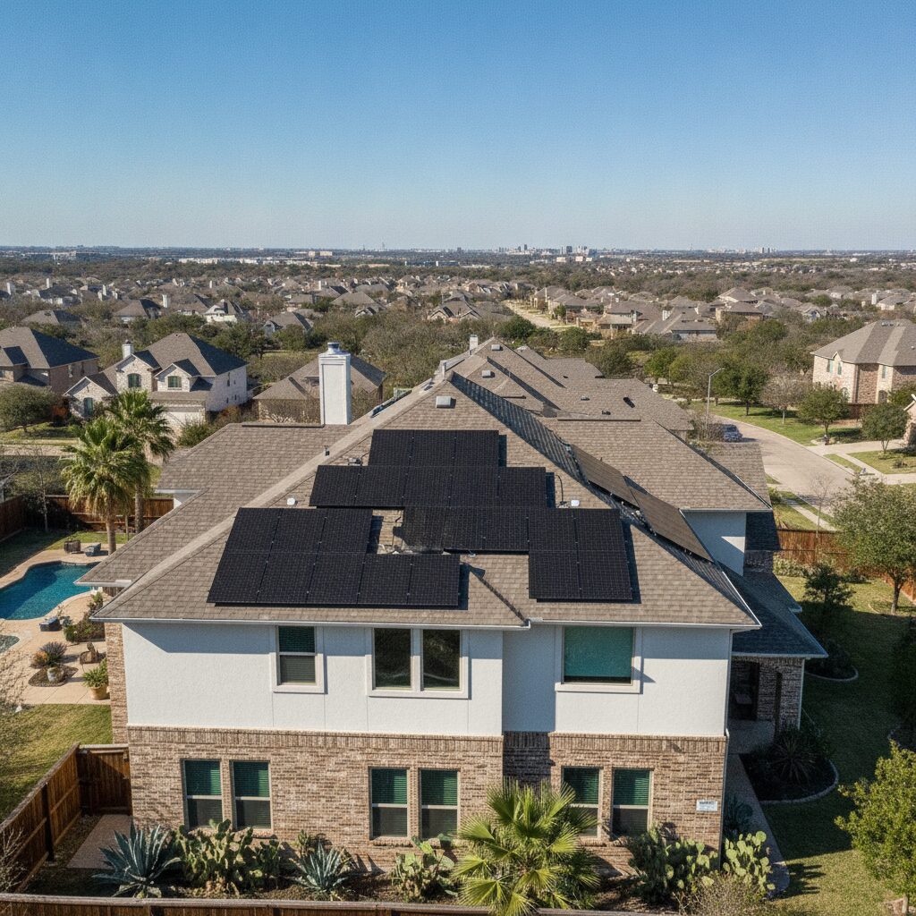 Rooftop solar panel array on a suburban Texas home with clear blue sky
