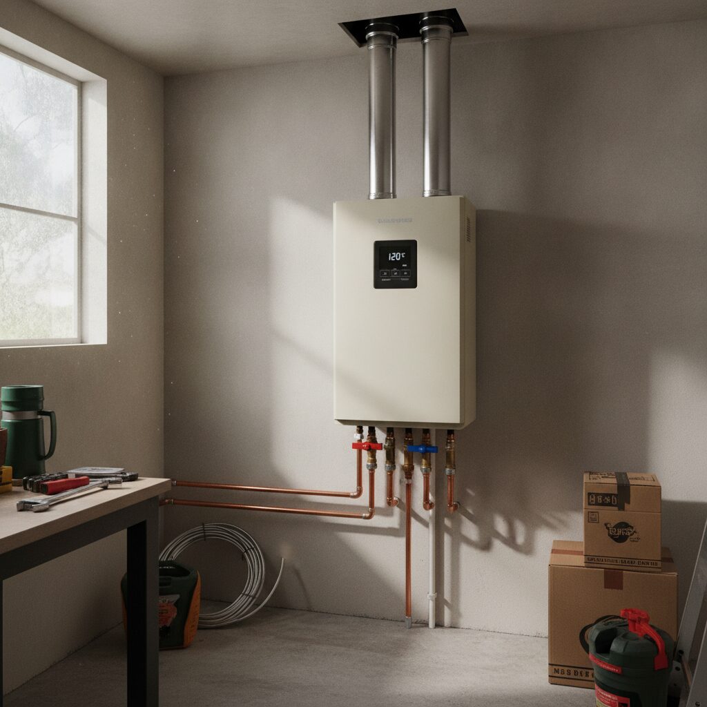 Wall-mounted tankless gas water heater with venting