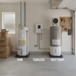 New residential water heater installed in a garage utility area