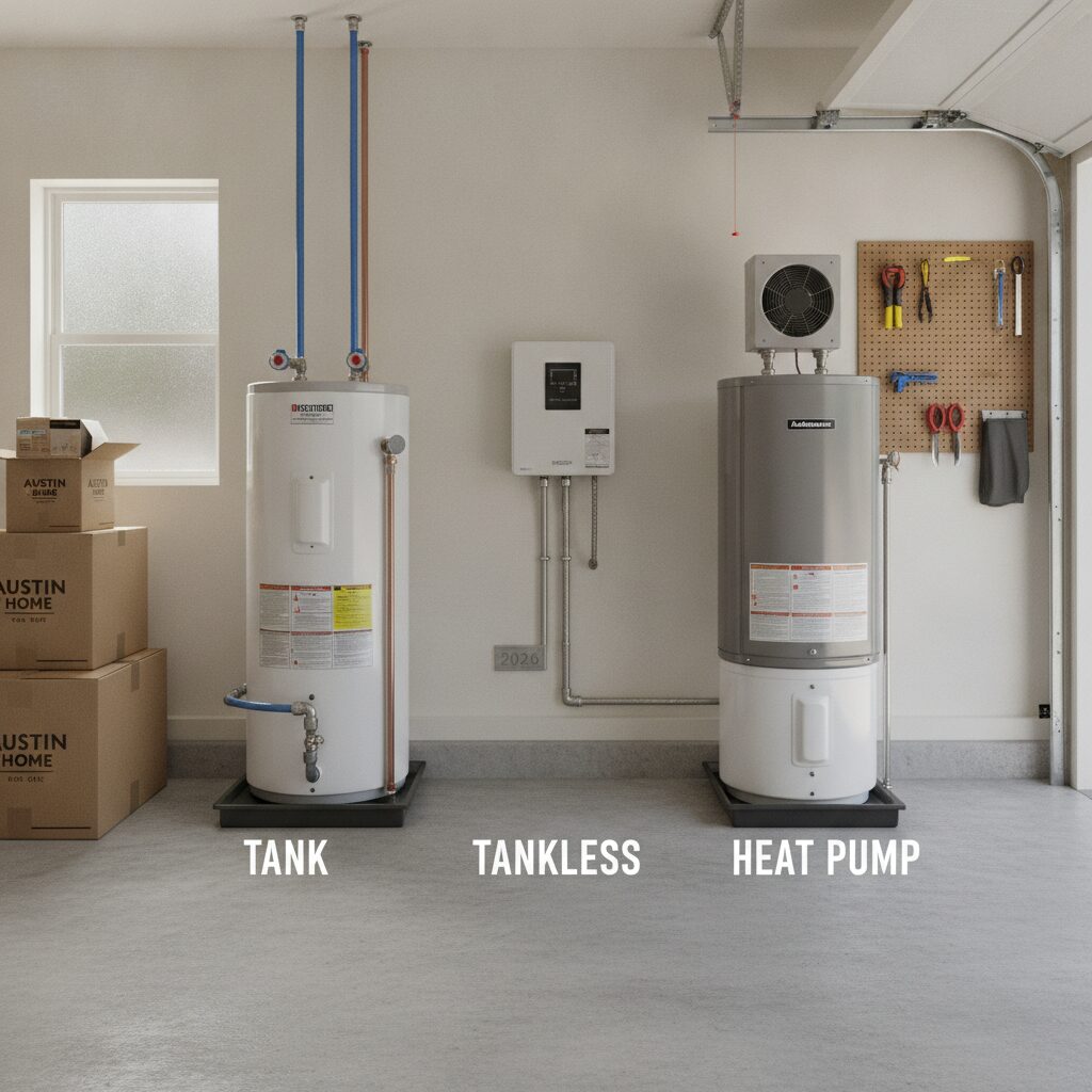 New residential water heater installed in a garage utility area