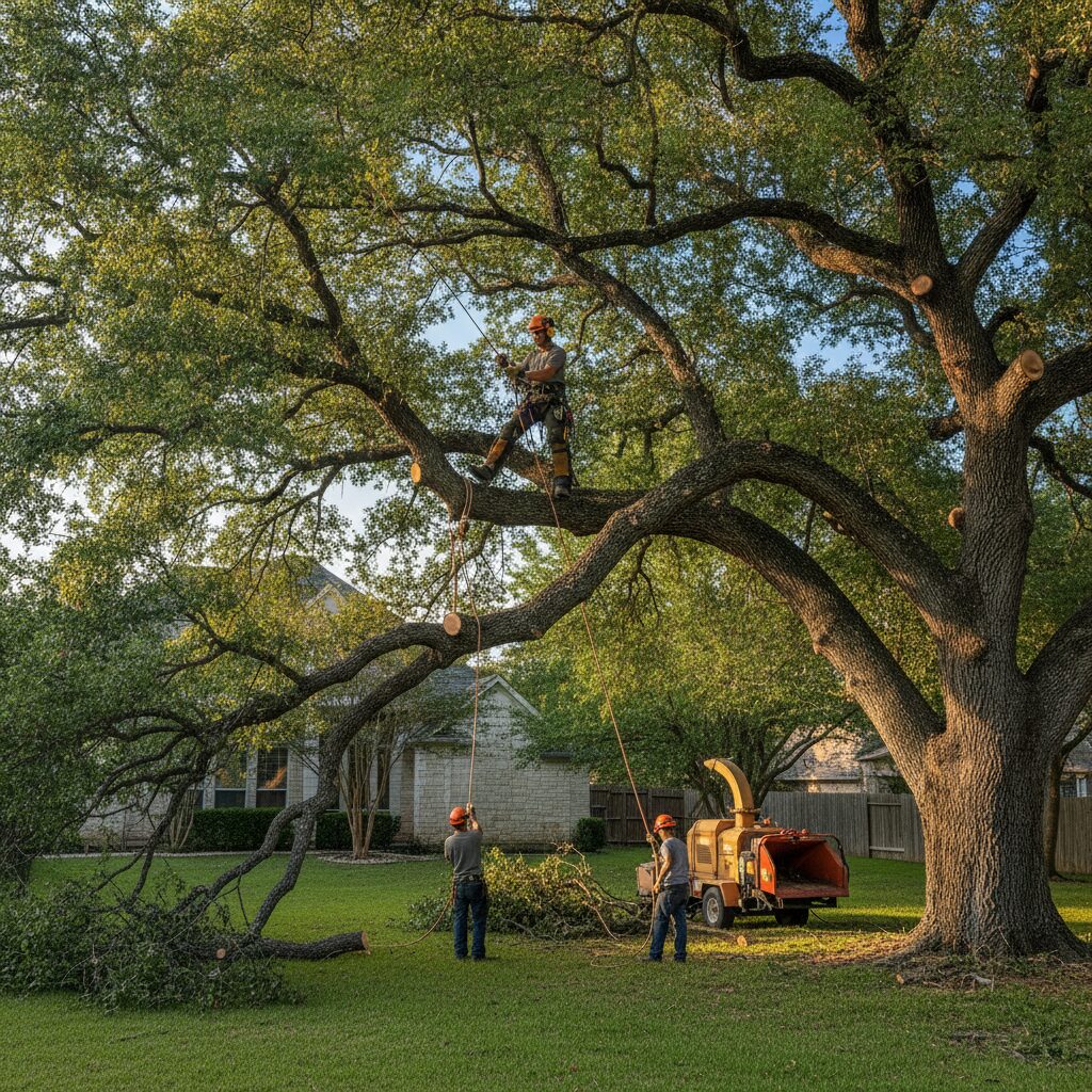 Certified arborist rigging a large limb during a residential tree removal