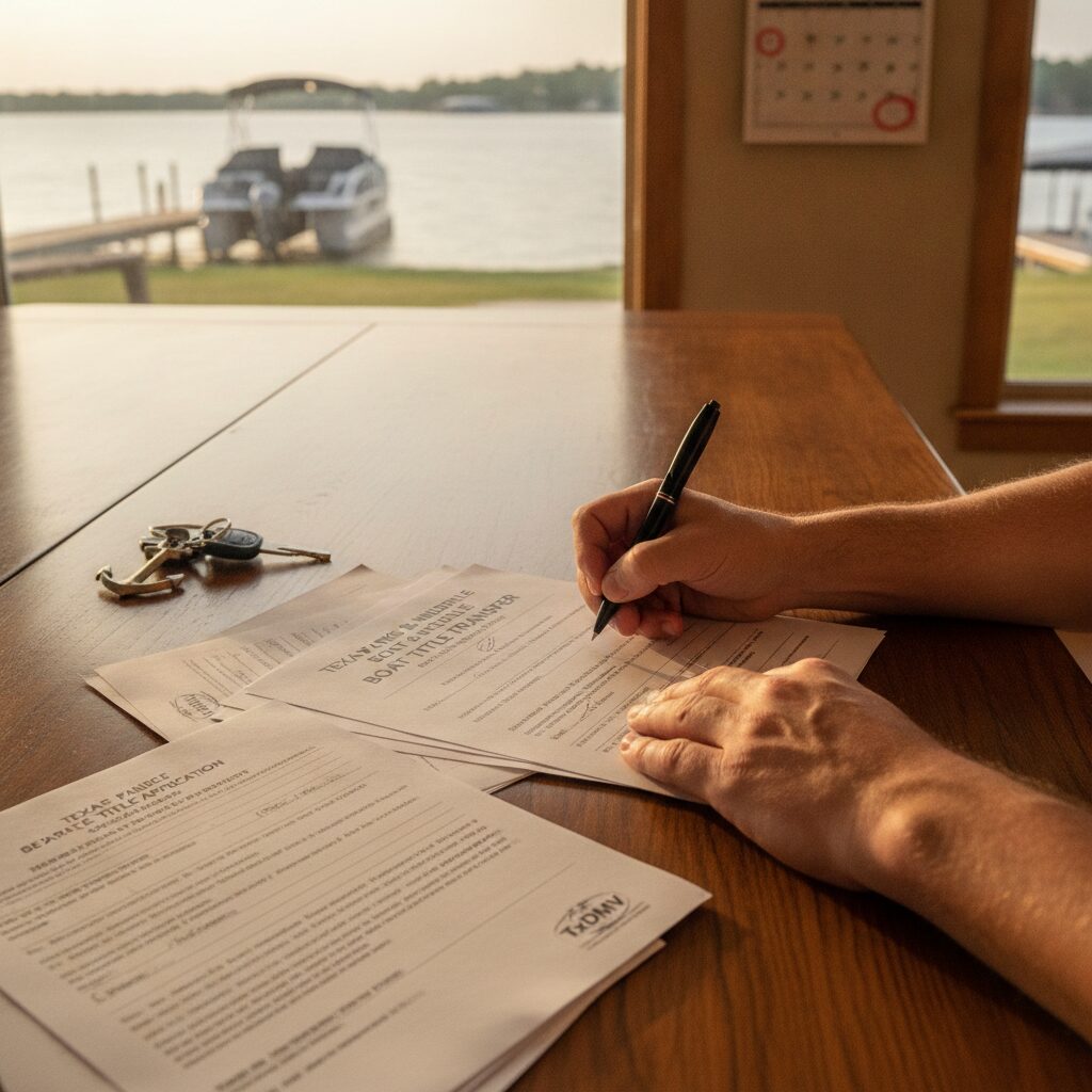 Person signing boat title transfer documents on a table