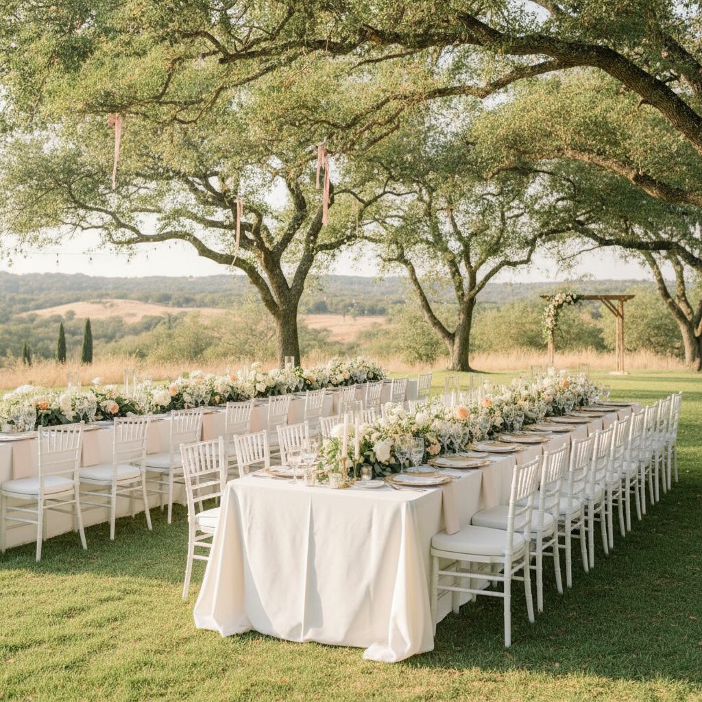 Elegant wedding reception table setup with white linens and centerpieces