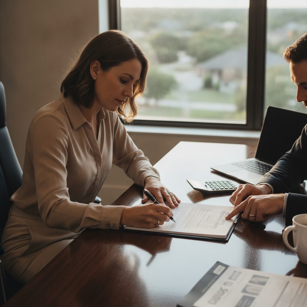 Buyer signing a TREC residential contract at a desk