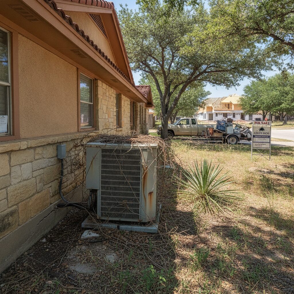 Single-family Texas home under bright summer sky with AC condenser visible