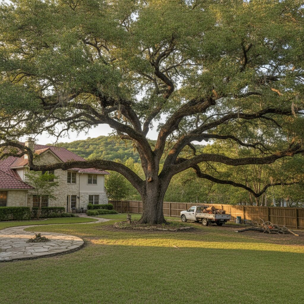 Mature live oak tree in an Austin residential backyard
